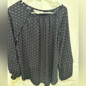 LOFT Navy Long-Sleeve Floral-Print Peasant Top